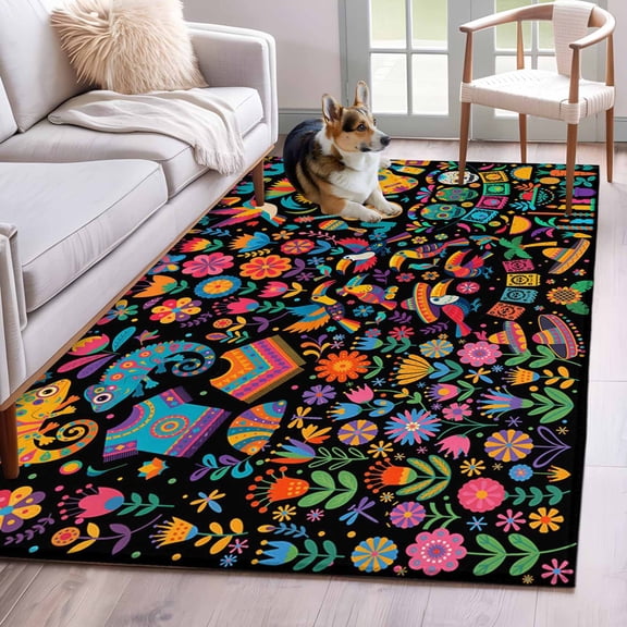 Mexican Texture Area Rugs 4x6 ft Rainbow Guitar Flowers Plant Animal Vintage Washable Rug Non Slip Indoor Carpet Absorbent Floor Mat for Living Room Bedroom Dining Room