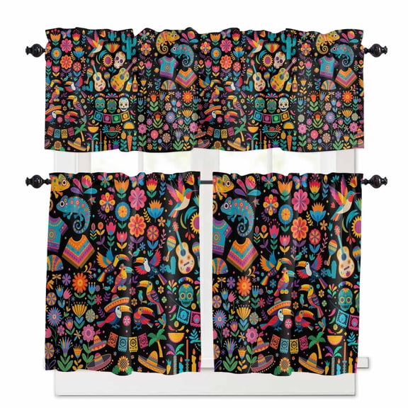 Mexican Texture Kitchen Curtains Valances and Tiers Set of 3, 36 Inch Length Tier Curtains and Valance Rod Pocket Valance Curtains Set for Kitchen Bathroom Small Windows