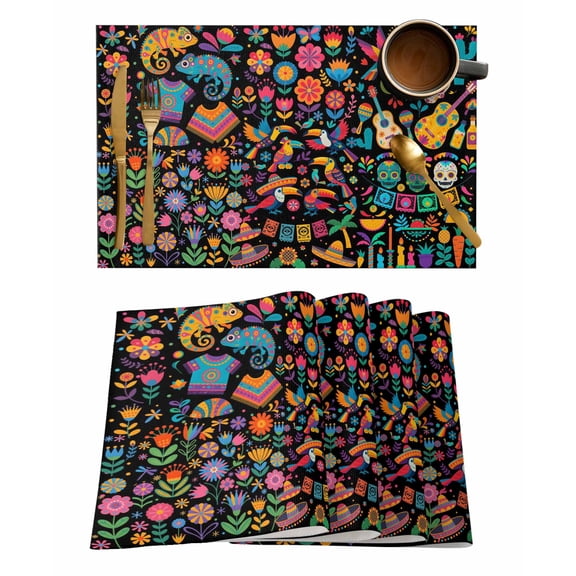 Mexican Texture Placemats Set of 6 Rainbow Guitar Flowers Plant Animal Vintage Heat Insulation Washable Place Mats, Rustic Non-Slip Table Mats for Dining Table Party Kitchen Decor,13x19 Inch