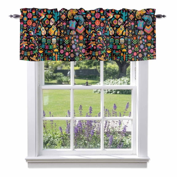 Mexican Texture Valances for Windows, Rainbow Guitar Flowers Plant Animal Vintage Valance Window Treatment Rod Pocket Short Curtains Valances for Kitchen Bathroom 60"W x 14"L