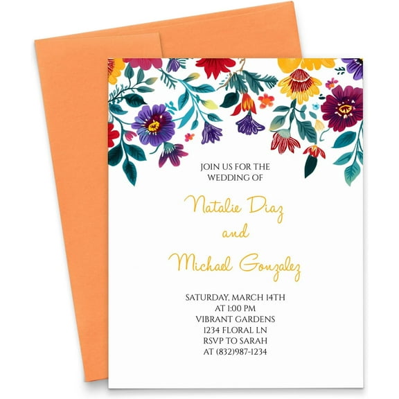 Mexican Theme Wedding Invitations With Flowers, Colorful Wedding Invitation Cards and Envelopes, Floral Wedding Invites , Marriage Invite, Your Choice of Quantity and Envelope Color