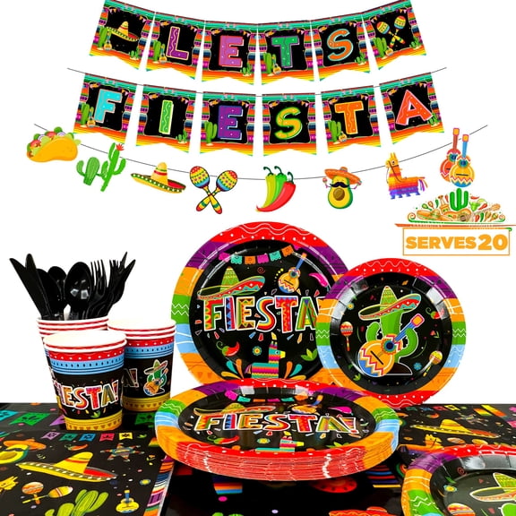Mexican Themed Fiesta Party Supplies,161pcs Mexican Party Paper Set Includes Mexican Fiesta Plates Cups Napkins Tablecloth and Banner etc Fiesta Party Decorations Tableware, for 20 Guests Y102