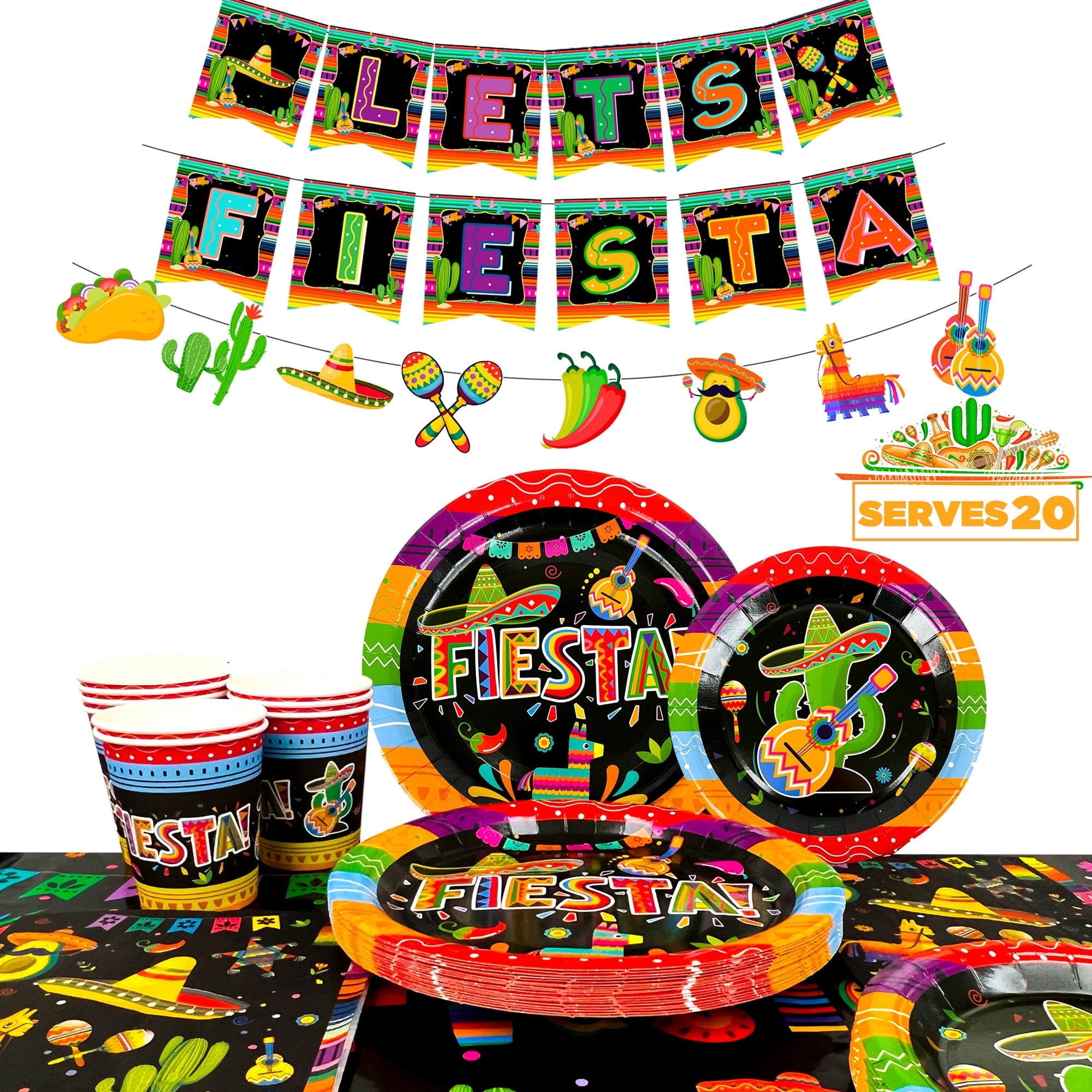 Mexican Themed Fiesta Party Supplies,161pcs Mexican Party Paper Tableware Set Includes Mexican Fiesta Plates Tablecloth and Banner etc Fiesta Party Decorations Tableware, for 20 Guests