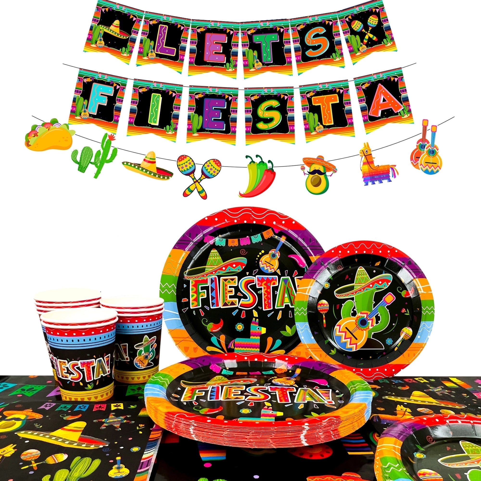 Mexican Themed Fiesta Party Supplies,90pcs Mexican Party Paper Tableware set Including Fiesta Plates Cups Napkins Tablecloth and Banner ect Fiesta Themed Party Supplies, for 20 Guests