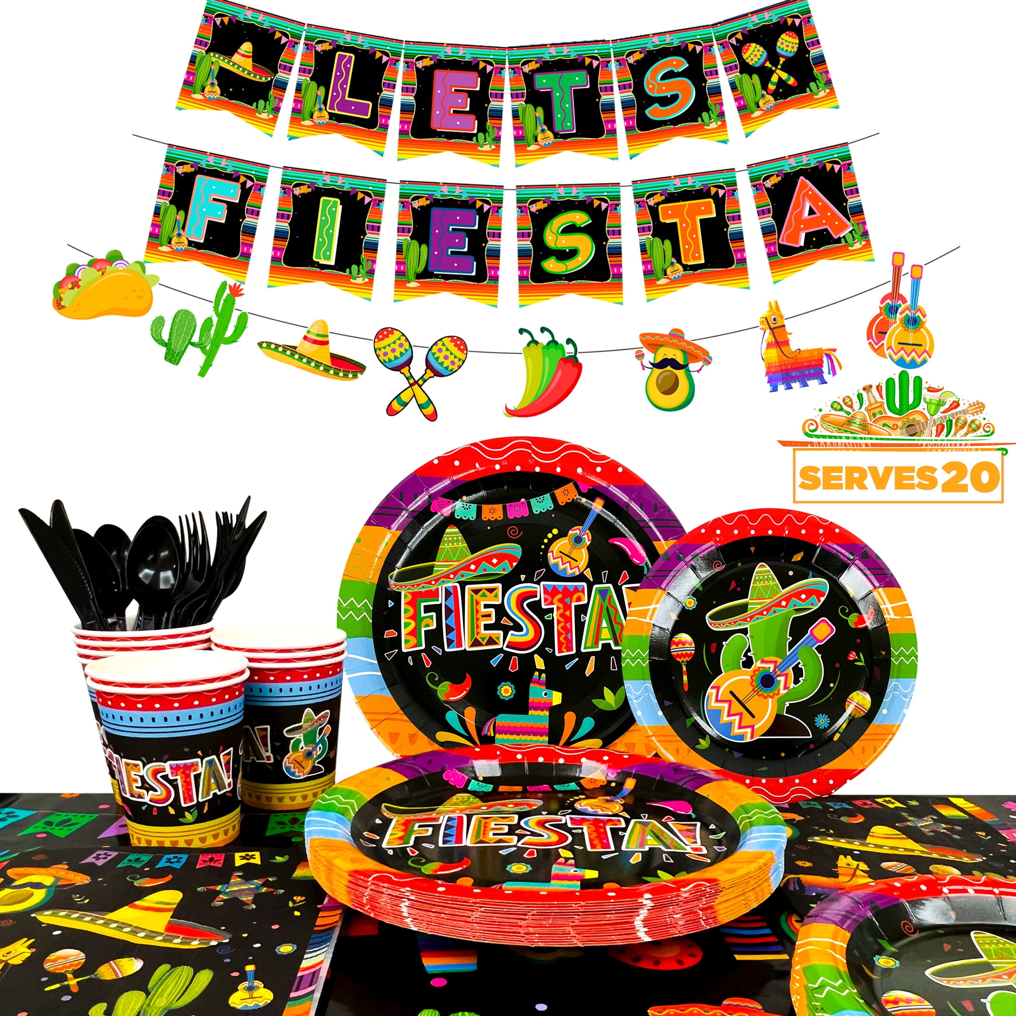 Mexican Themed Fiesta Party Supplies, 161pcs Mexican Party Paper Tableware set Including Fiesta Plates Cups Napkins Tablecloth and Banner