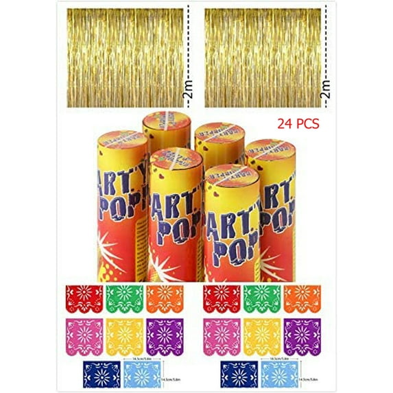 Mexican Themed Party Supply Set, Confetti Shooters Party Poppers Gold Foil Backdrop Curtains Colorful Birthday Party Decoration