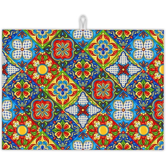 Mexican Tile Dish Drying Mat,Boho Tradicion Drying Rack Pad Countertop Dishes Ultra Absorbent Microfiber Kitchen Counter Mat for Coffee Countertop Decor 18x24 Inch