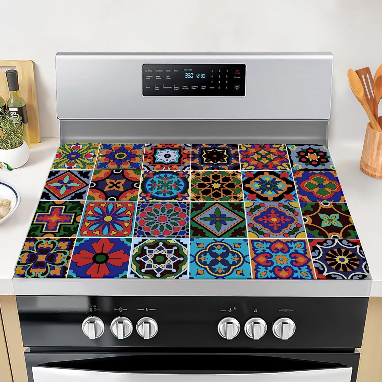 Mexican Tile Stove Top Cover, 20x28 in Mexican Themed Stove Covers for Electric Stove Home Decor Glass Stove Top Mat Heat Resist Gas Range Mat Party Stove Top Protector Induction Kitchen Cooktop Pad