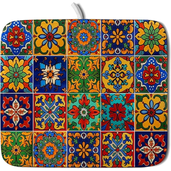 Mexican Tiles Dish Drying Mat for Kitchen Counter Absorbent Microfiber Dish Drying Pad Kitchen Gadgets Multi-use