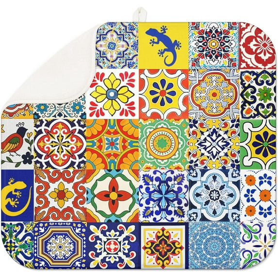 Mexican Tiles Drying Mat 16" X 18" Vintage floral Kitchen Counter Stone Dish Drying Mats For Kitchen Counter Xmas Drying Mats For Home Counter Drying Mats For Dishes Dish Table Mat Drying Mat