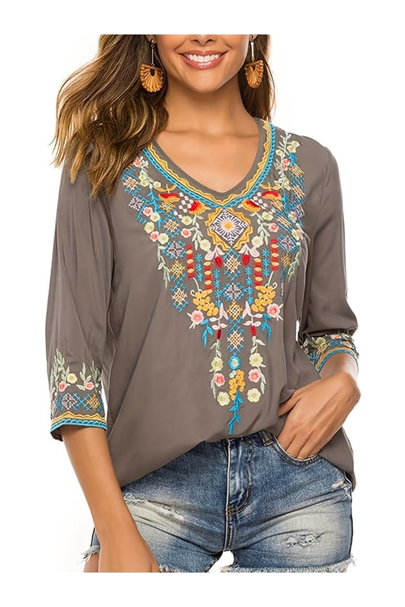 Mexican Tops for Women Embroidered Shirts Hippie Clothes Tunic Fiesta Plus Size Boho Peasant Blouses Grey XL
