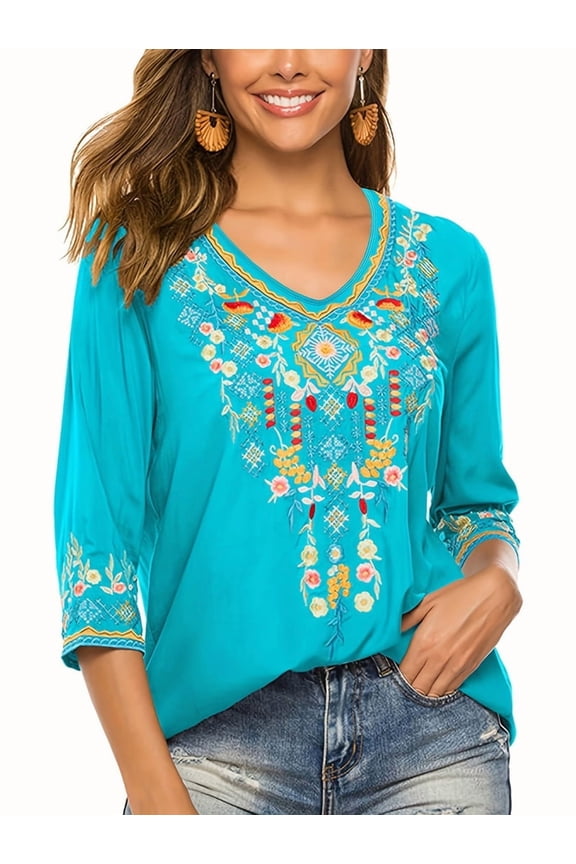 Mexican Tops for Women Embroidered Shirts Hippie Clothes Tunic Fiesta Plus Size Boho Peasant Blouses Sky Blue XXL