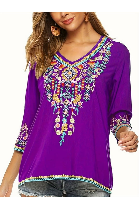Mexican Tops for Women Embroidered Shirts Hippie Clothes Tunic Fiesta Plus Size Boho Peasant Blouses XL