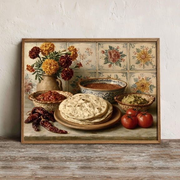 Mexican Tortilla Salsa Wall Art Print, Talavera Kitchen Still Life