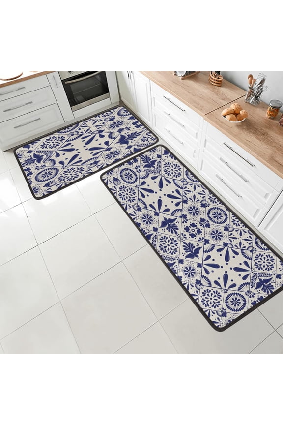 Mexican Traditional Talavera Style Anti Fatigue Kitchen Mat Rug Set 2 Piece Cushioned Kitchen Floor Mats Non Slip Kitchen Rug Runner Memory Foam Kitchen Rugs Heavy Duty Comfort Soft Standing Mats