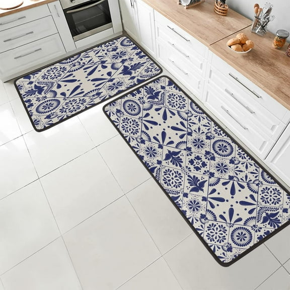 Mexican Traditional Talavera Style Anti Fatigue Kitchen Mat Rug Set 2 Piece Cushioned Kitchen Floor Mats Non Slip Kitchen Rug Runner Memory Foam Kitchen Rugs Heavy Duty Comfort Soft Standing Mats