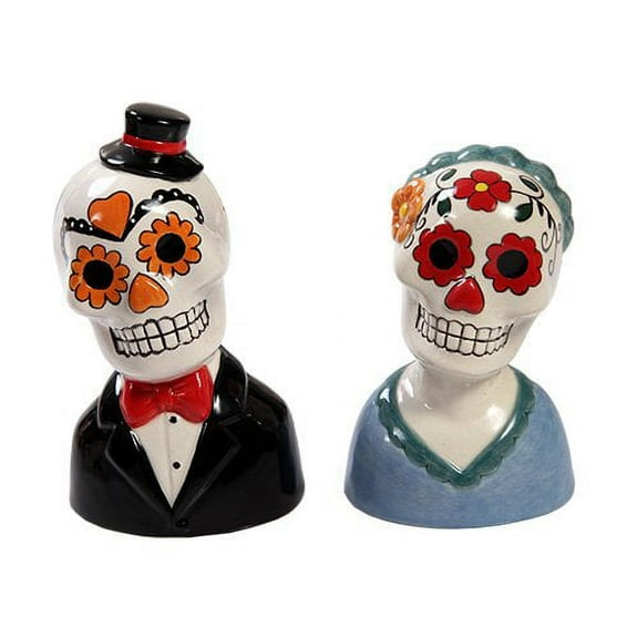 Mexican Traditional Wedding Couple Sugar Skulls Day Of The Dead Salt Pepper Shakers Set