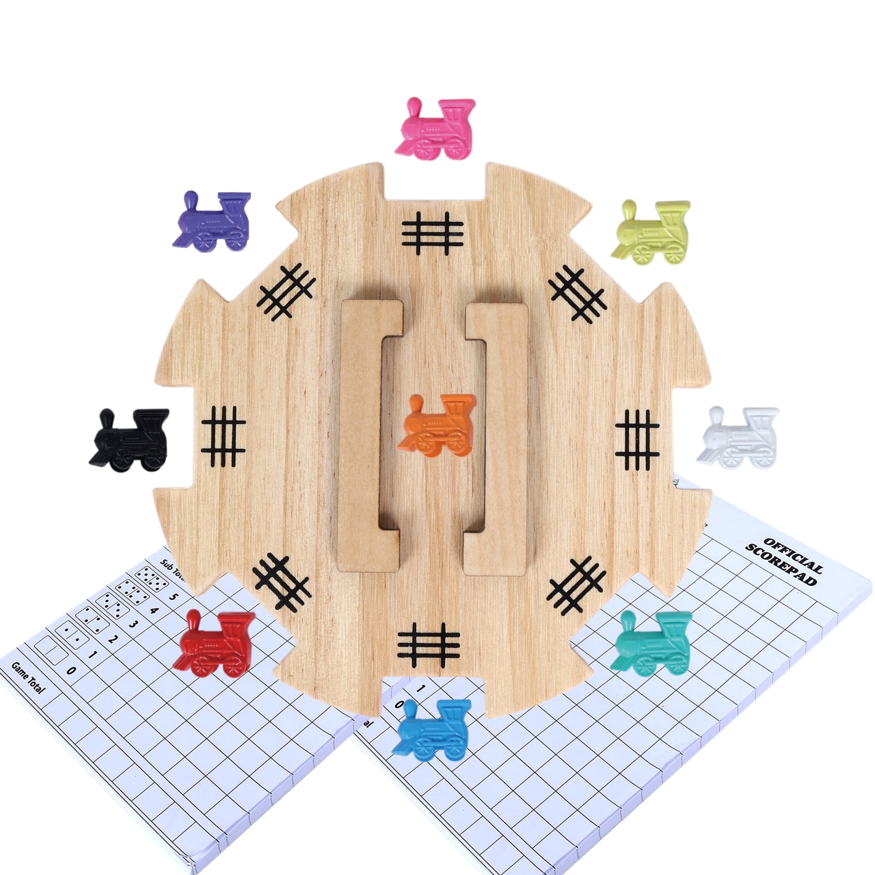 Mexican Train Dominoes Accessories Set Game for Adults & Family (  6.3-Inch Large Size Pine Hub, 9 Colorful Metal Markers, 100-Sheet Score Pads )