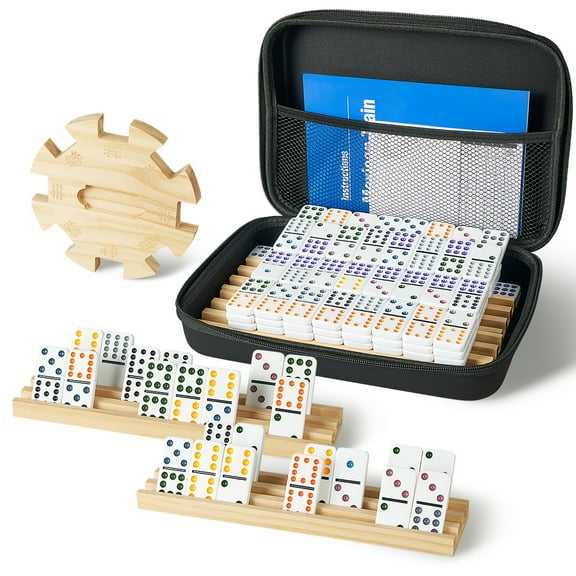 Mexican Train Dominoes Double 12 Game Set Contains 91 Colorful Tiles And 9 Model Trains And 4 Wooden Racks Board Game With Eva Suitcase, Classic Family Party Game Set Halloween Christmas Toys Gifts