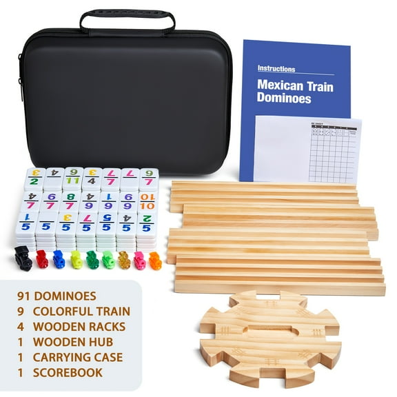 Mexican Train Dominoes Double 12 Game Set Contains 91 Colorful Tiles And 9 Model Trains And 4 Wooden Racks Board Game With Eva Suitcase, Classic Family Party Game Set Halloween Christmas Toys Gifts