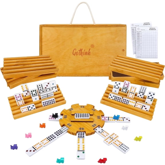 Mexican Train Dominoes Set, Double 12 Dominos Set for Adults, Dominoes Tile Board Game with Tiles Holders*8, Colorful Metal Trains*9, Wooden Hub, Scoreboards*2, Wooden Case