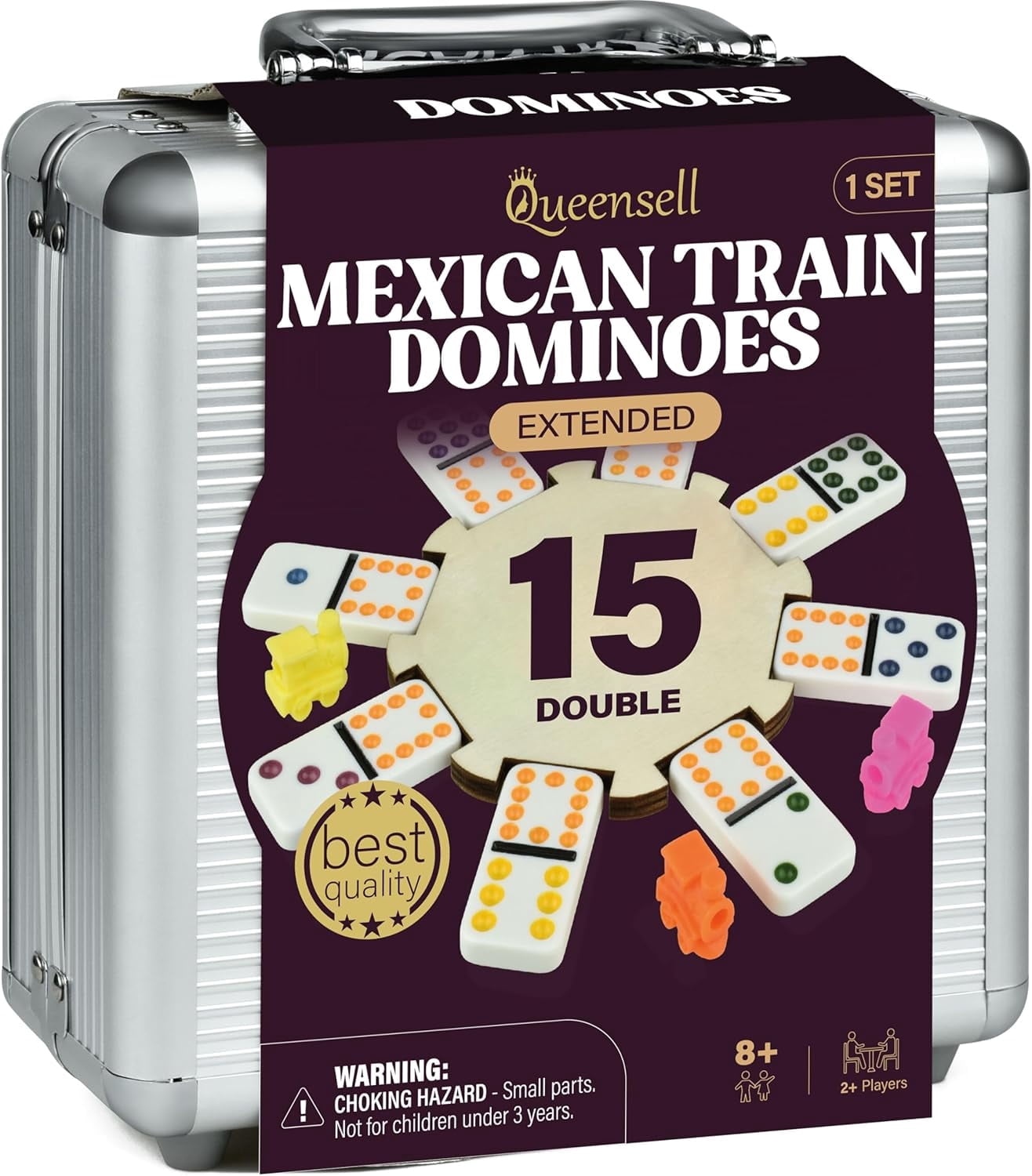 Queensell Mexican Train Dominoes Set Double 15  136 Tiles, Colored Dots, Family Board Game