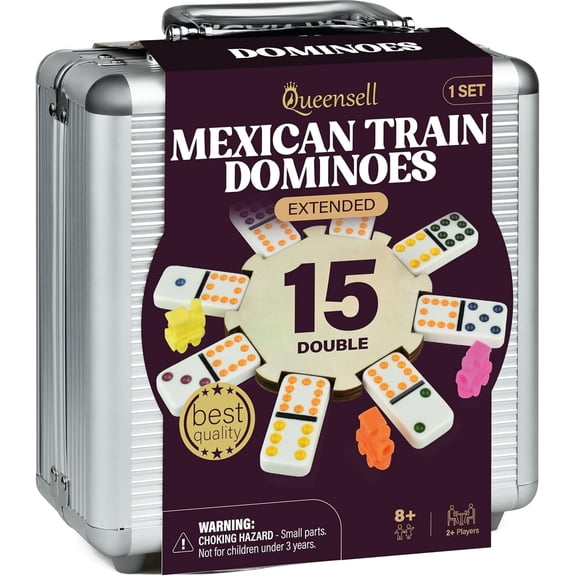 Queensell Mexican Train Dominoes Set Double 15 136 Tiles, Colored Dots, Family Board Game