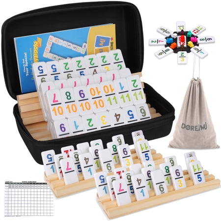 Mexican Train Dominoes Set with Numbers and 4 Wooden Racks,Double 12 Travel Mexican Train Game with 91 Colored Tiles and Protable Case, Number Domino Set for Kids, Adults Family Board Team Games