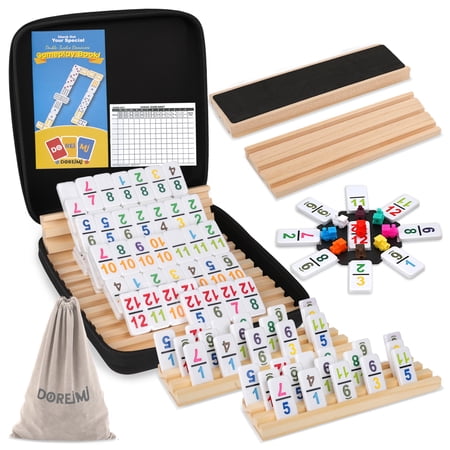 Mexican Train Dominoes Set with Numbers and 8 Wooden Racks,Double 12 Travel Mexican Train Game with 91 Colored Tiles and Protable Case, Number Domino Set for Kids, Adults Family Board Team Games