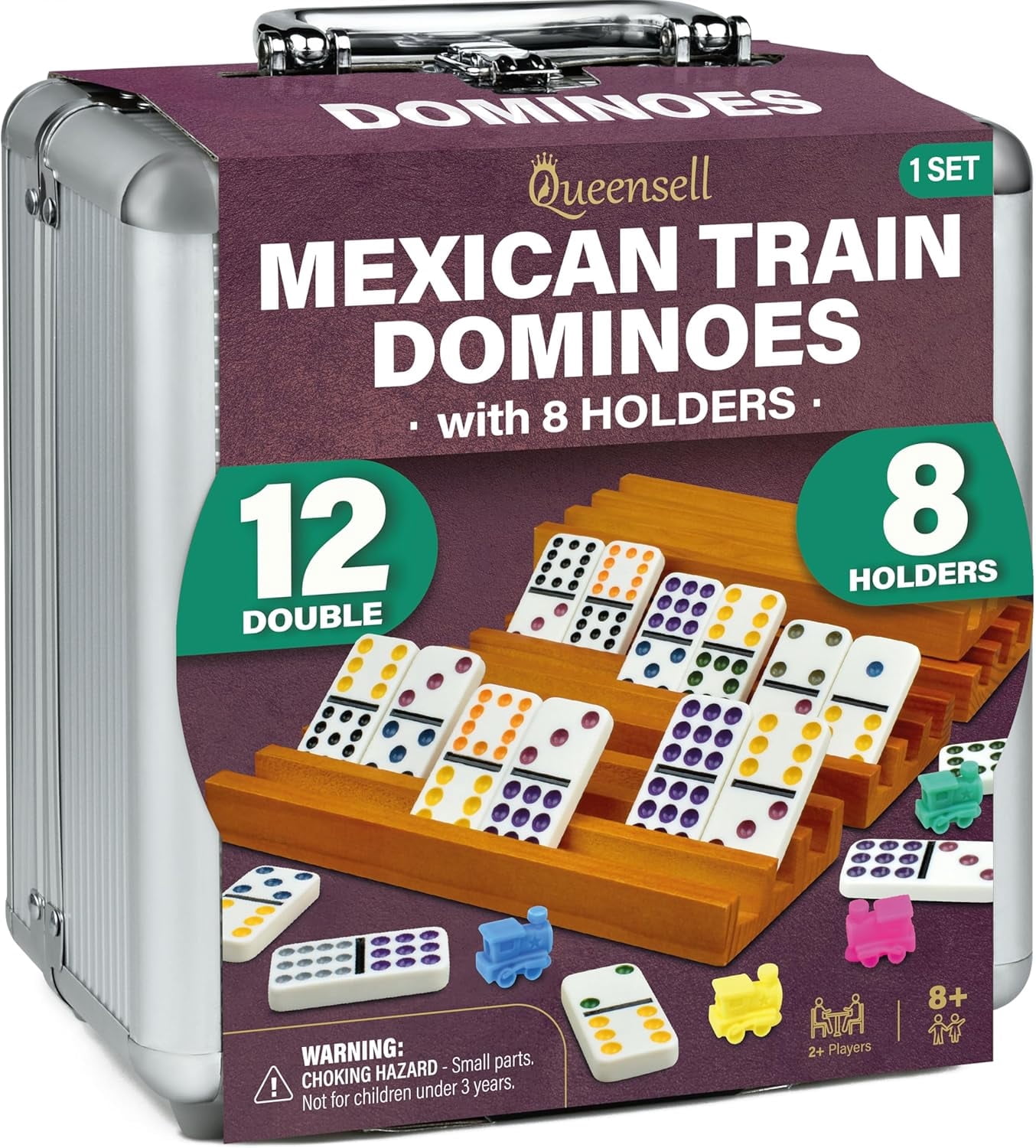 Queensell Mexican Train Dominoes Set Double 12  91 Tiles with 8 Wooden Holders, Hub and Aluminum Case