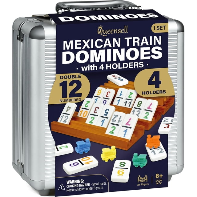 Mexican Train Dominoes Set with Numbers and 4 Holders - Wooden Hub and Tiles Holders - Double 12 with Numbers (D12 Numbers + 4 Holders)
