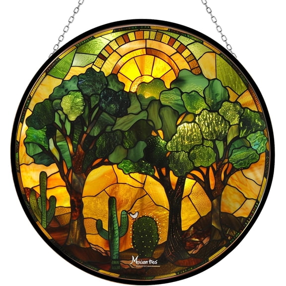 Mexican Trees Stained Glass Window Hanging Suncatcher Glass Panel with Metal Chain Sun Catchers Wall Art Home Decor Gift for Women Mother's Day
