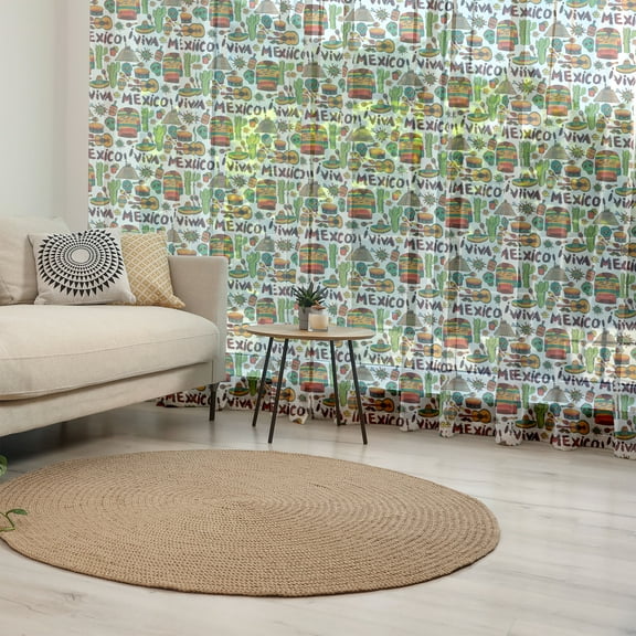 Mexican Tulle Curtains with Rod Pocket, Viva Mexico Native Elements Poncho Tequila Salsa and Hot Peppers Image, Sheer Drape for Wedding Party 2 Panels, 7 Sizes, Multicolor, by Ambesonne