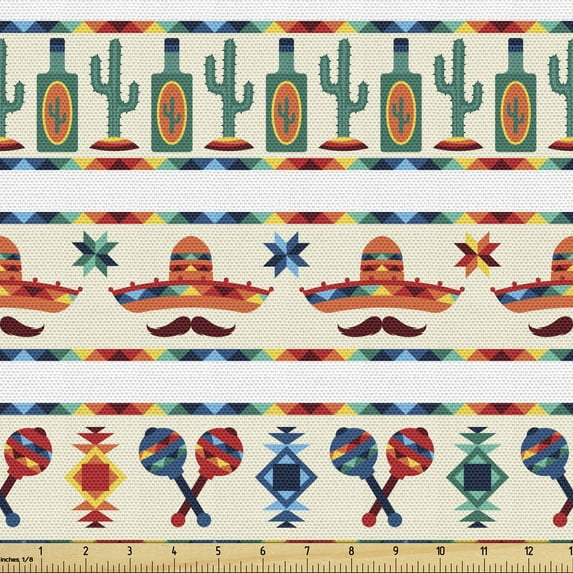 Ambesonne Mexican Fabric by the Yard Upholstery, Native Cultural Borders, 3 Yards, Multicolor