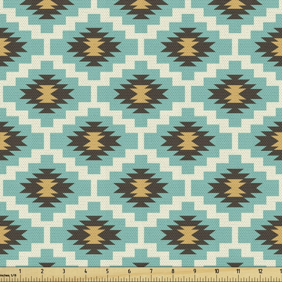 Ambesonne Mexican Fabric by the Yard Upholstery, Vintage and Geometrical, 1 Yard, Pale Blue Apricot