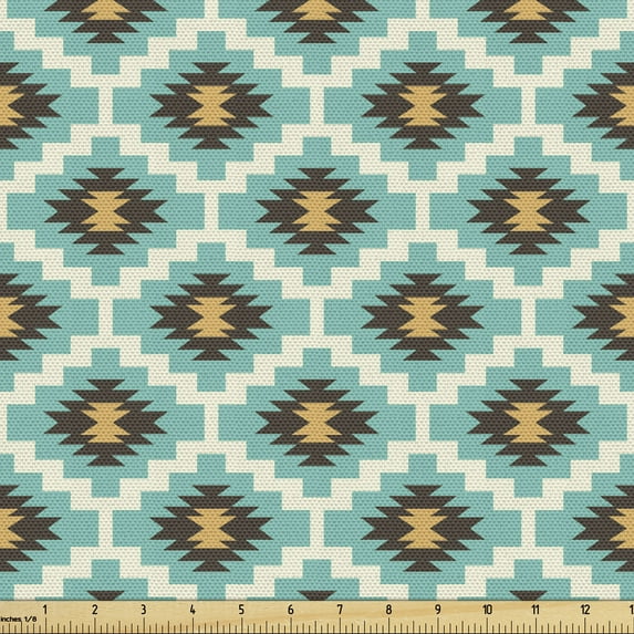Ambesonne Mexican Fabric by the Yard Upholstery, Vintage and Geometrical, 2 Yards, Pale Blue Apricot