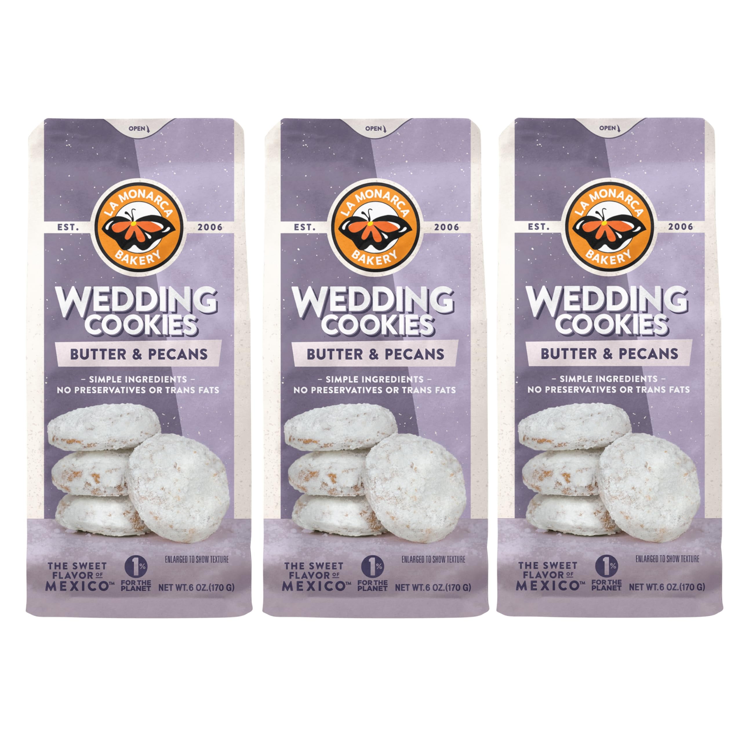 Mexican Wedding Cookies, 6 Ounce HYZ01 (Pack of 3), Buttery Cookies with Pecans and Dusted with Powdered Sugar by La Monarca Bakery