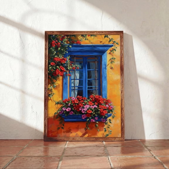 Mexican Window Wall Art Bougainvillea Colorful Colonial Boho Decor Unframed Paper Print