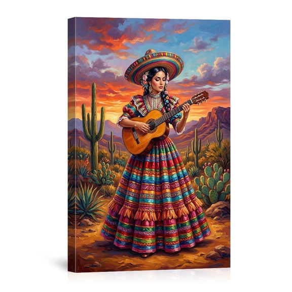 Mexican Woman Guitar Sombrero Desert Hispanic Culture Cactus Sunset For Bedroom Living Room Canvas