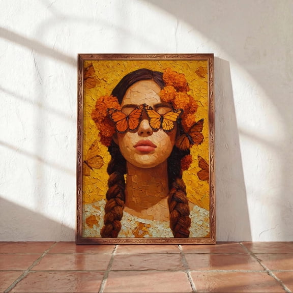 Mexican Woman Monarch Butterfly Heritage Portrait Latina Folk Art Unframed Paper Print