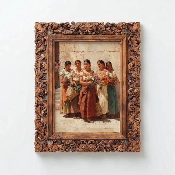 Mexican Women Traditional Dress Painting Floral Market Latina Heritage Art Unframed Paper Print