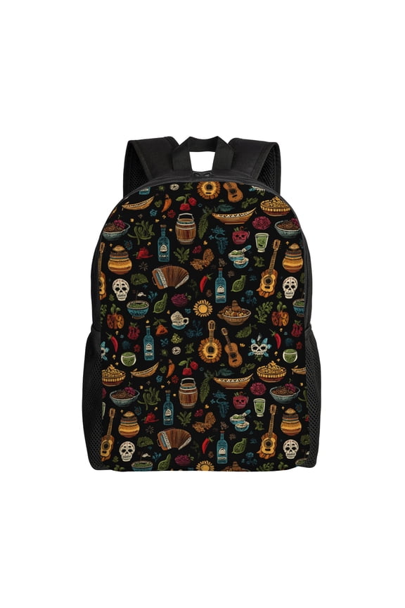 Mexican food and music pattern Backpack with 15 Inch Laptop Compartment,Water-Resistant Daypack, Large Capacity Backpack with Adjustable Breathable Shoulder Straps for Daily Use Travel Gym