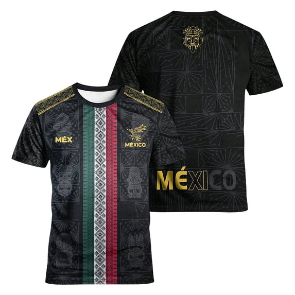 Mexico 2026 Soccer Cup Crew Neck Jersey for Men, Short Sleeve Football Kit Shirt with Tribal Geometric & "MÉXICO" Print, Breathable Athletic Uniform Top, Lightweight Fan Gear, 1 PC Red L
