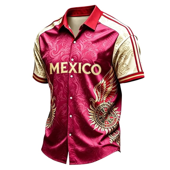 Mexico 2026 Soccer Cup Fan Jersey for Men, Button Down Short Sleeve Shirt with Winged Totem & Retro Print, Lightweight Breathable Stretch Athletic Top, 1 PC Blue XXXL