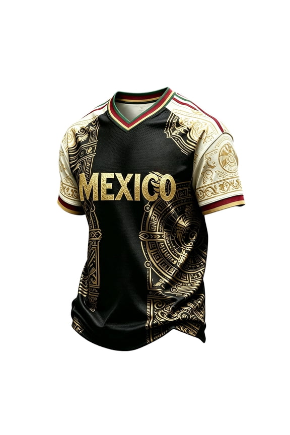 Mexico 2026 Soccer Cup Fan Jersey for Men, V-Neck Short Sleeve T-Shirt with Gold Calendar & Retro Totem Print, Breathable Casual Sports Tee Pullover Top, 1 PC Black L
