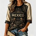 thumbnail image 1 of Mexico 2026 Soccer Cup Fan Jersey for Women, Round Neck Three-Quarter Sleeve T-Shirt with Vintage Floral & Letter Print, Breathable Casual Sports Tee Pullover Top, 1 PC Black XXL, 1 of 4