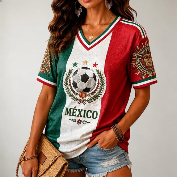 Mexico 2026 Soccer Cup Fan Jersey for Women, V-Neck Short Sleeve T-Shirt with Flag Color & Soccer Graphic Print, Breathable Casual Sports Tee Pullover Top, 1 PC Red XXXL