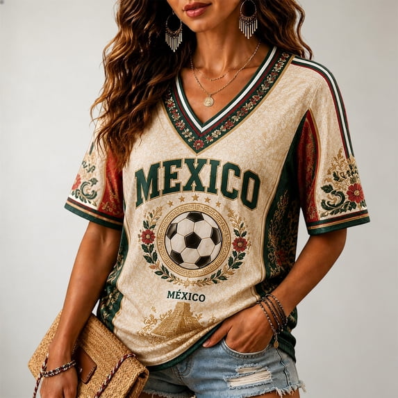 Mexico 2026 Soccer Cup Fan Jersey for Women, V-Neck Short Sleeve T-Shirt with Vintage Floral & Soccer Graphic Print, Breathable Casual Sports Tee Pullover Top, 1 PC Khaki L
