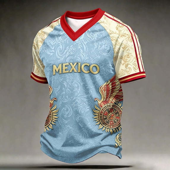 Mexico 2026 Soccer Cup Jersey for Men, V-Neck Short Sleeve Athletic Training Top, Breathable Sports Shirt, Active Fan Support Tee, Lightweight Casual Pullover, 1 Pack Light Blue XXL