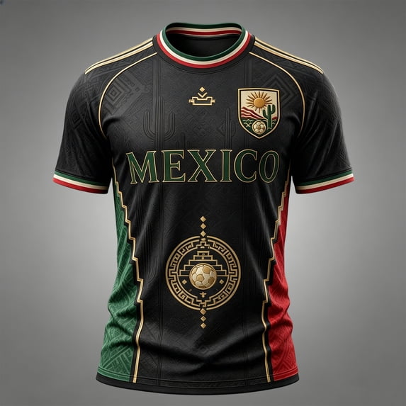 Mexico 2026 Soccer Cup Jersey for Men, V-Neck Short Sleeve T-Shirt, Retro Cactus & Sun Graphic Sports Soccer Top, Quick Dry Breathable Fan Support Tee, Athletic Casual Summer Shirt 1Pc Black L